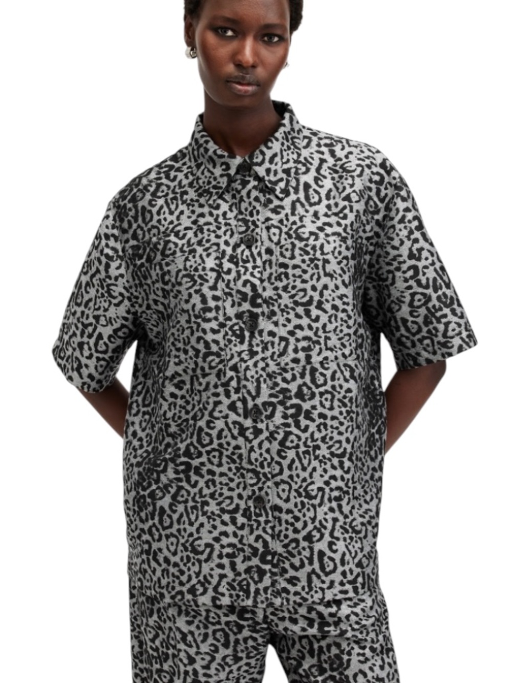ALL SAINTS JEMI LEPPO BLACK AND SILVER METALLIC LEOPARD PRINT SHORT SLEEVE SHIRT
